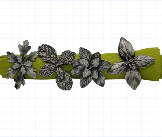 Italian Herb Napkin Rings: Pewter Basil, Parsley, Oregano, Mint - Set of 4