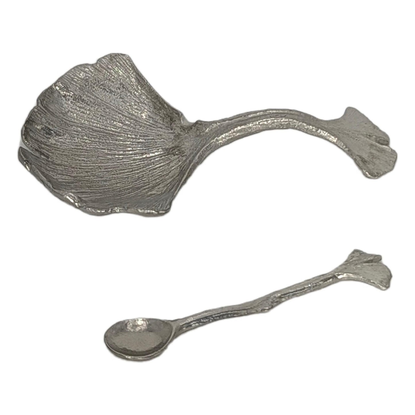 Pewter Ginkgo Salt Cellar Set Botanical Spice Dish with Small Spoon Nature Lover Gift