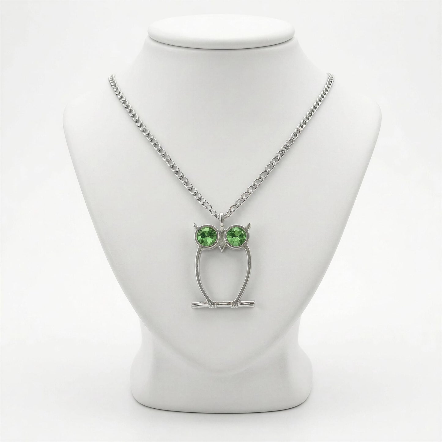 Green-Eyed Owl Artisan Necklace Pendant on 3.5 mm Cuban Links Chain