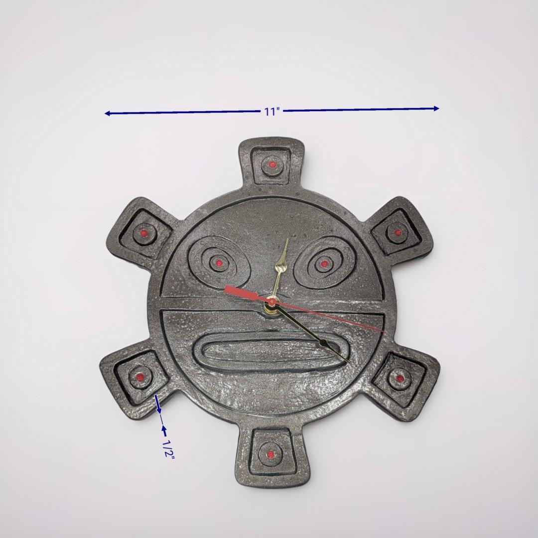 Taíno sun symbol wall clock: rustic stone-look decor, silent seiko movement