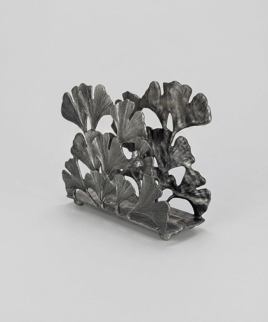 Ginkgo Pewter Napkin Holder Letter Organizer, Home and Desk Decor, Inspired by Nature