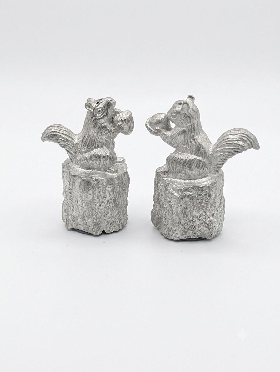 Handmade Mini Pewter Squirrel Salt & Pepper Shakers Set, Table Decor, Collectible