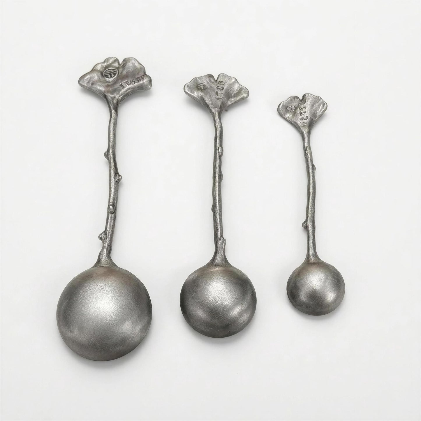 Ginkgo Leaf Measuring Spoons Set of 3, handcrafted pewter, nature inspired Kitchen Decor