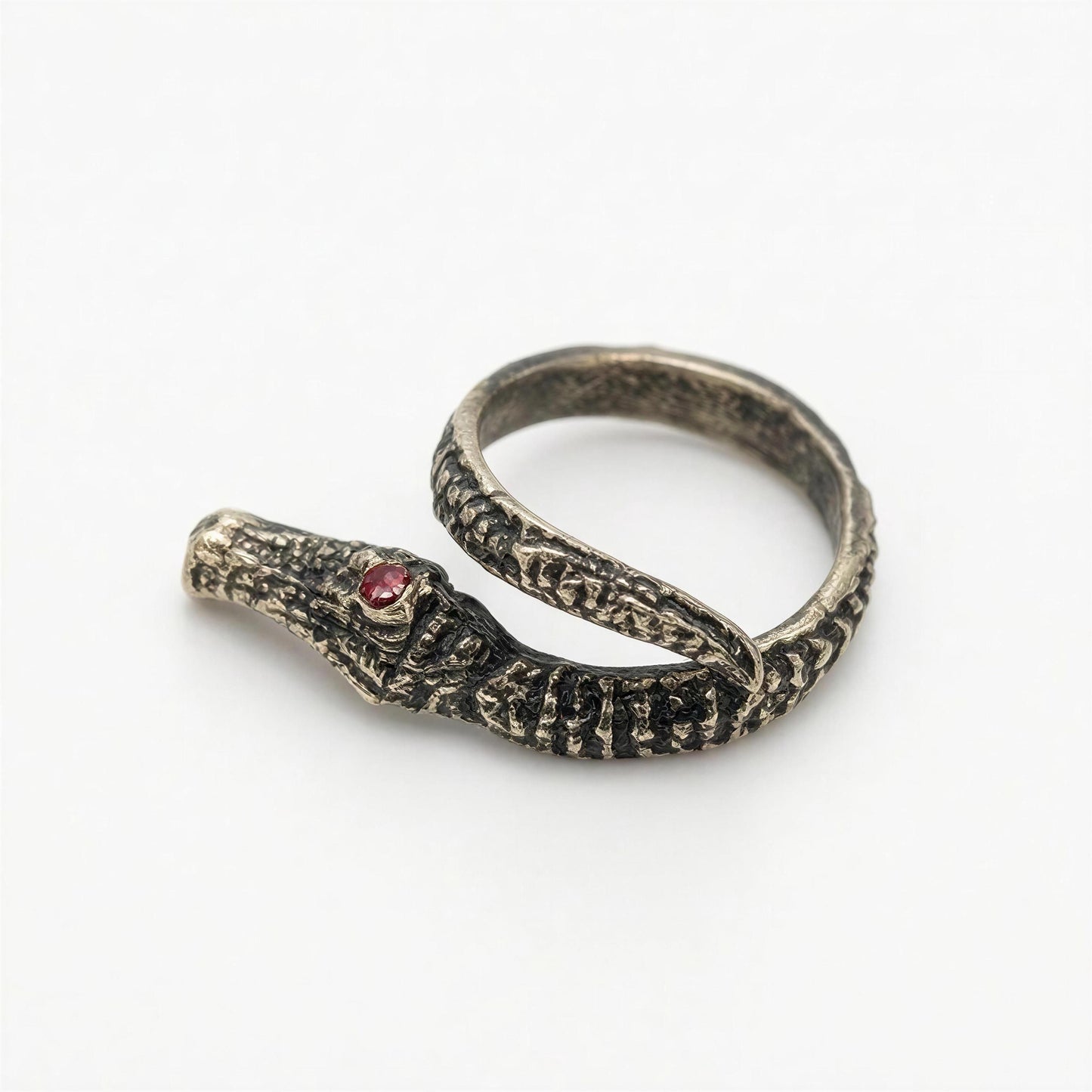 Handcrafted Bronze Alligator Wrap Adjustable Statement Ring with Red Eyes Stones