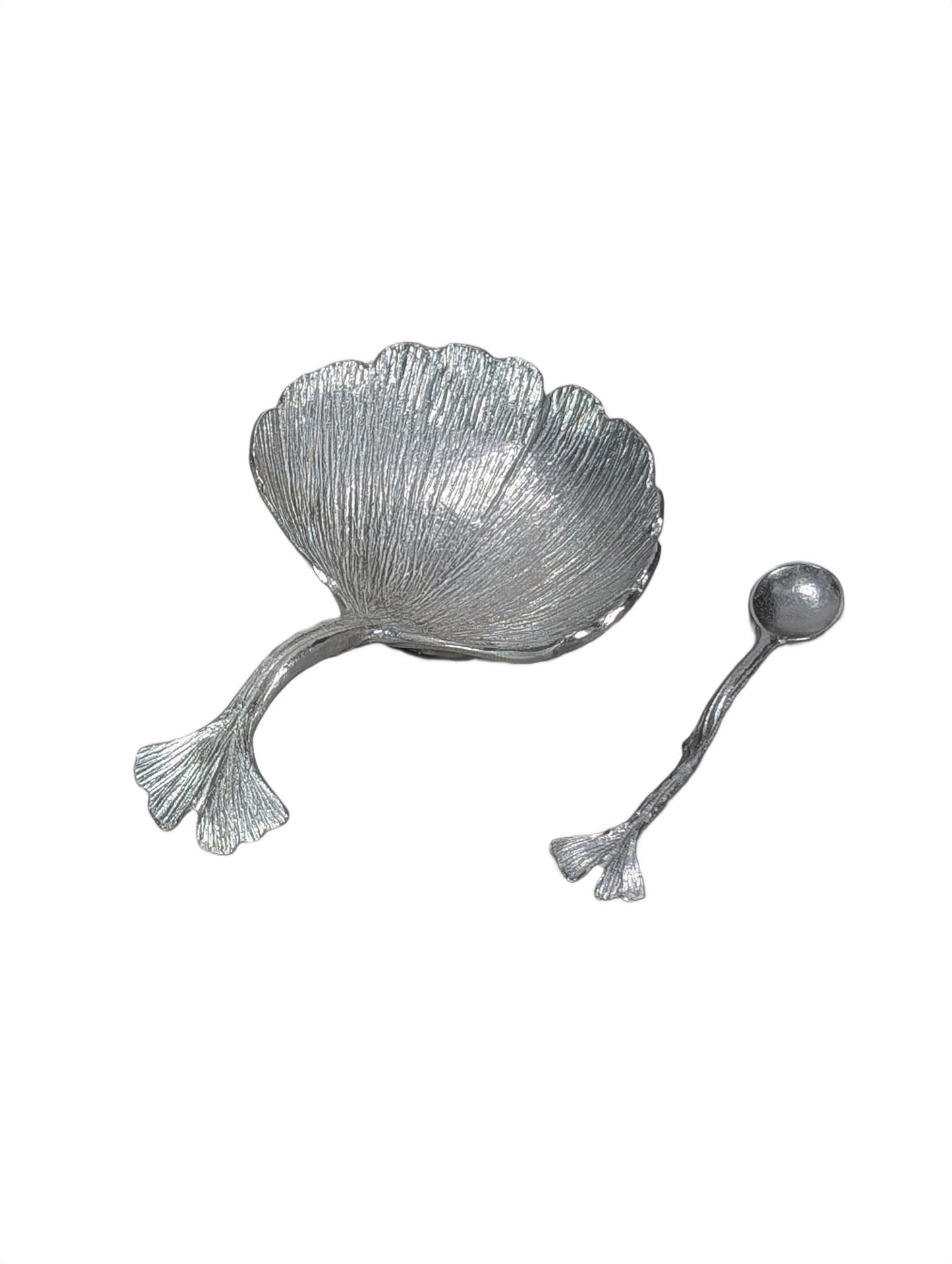 Artisanal Ginkgo Leaf Salt Cellar with Spoon, Handcrafted Pewter, Nature Inspired Table Decor