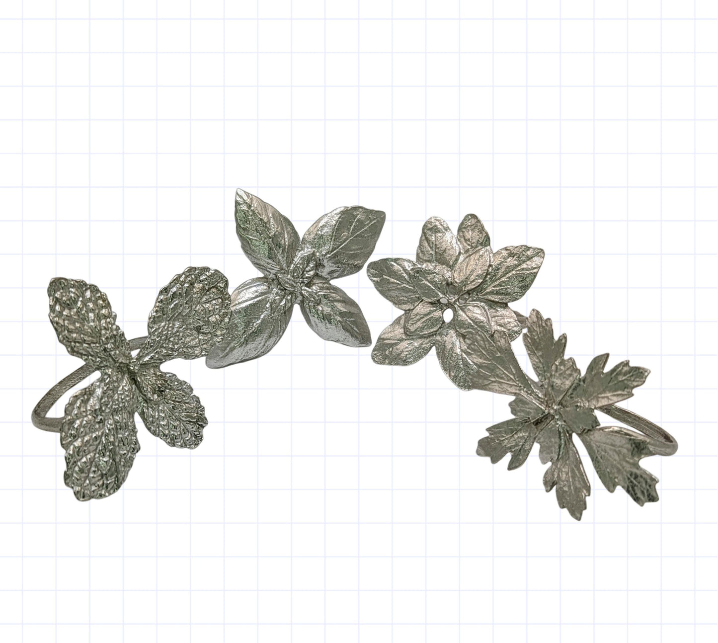 Italian Herb Napkin Rings: Pewter Basil, Parsley, Oregano, Mint - Set of 4
