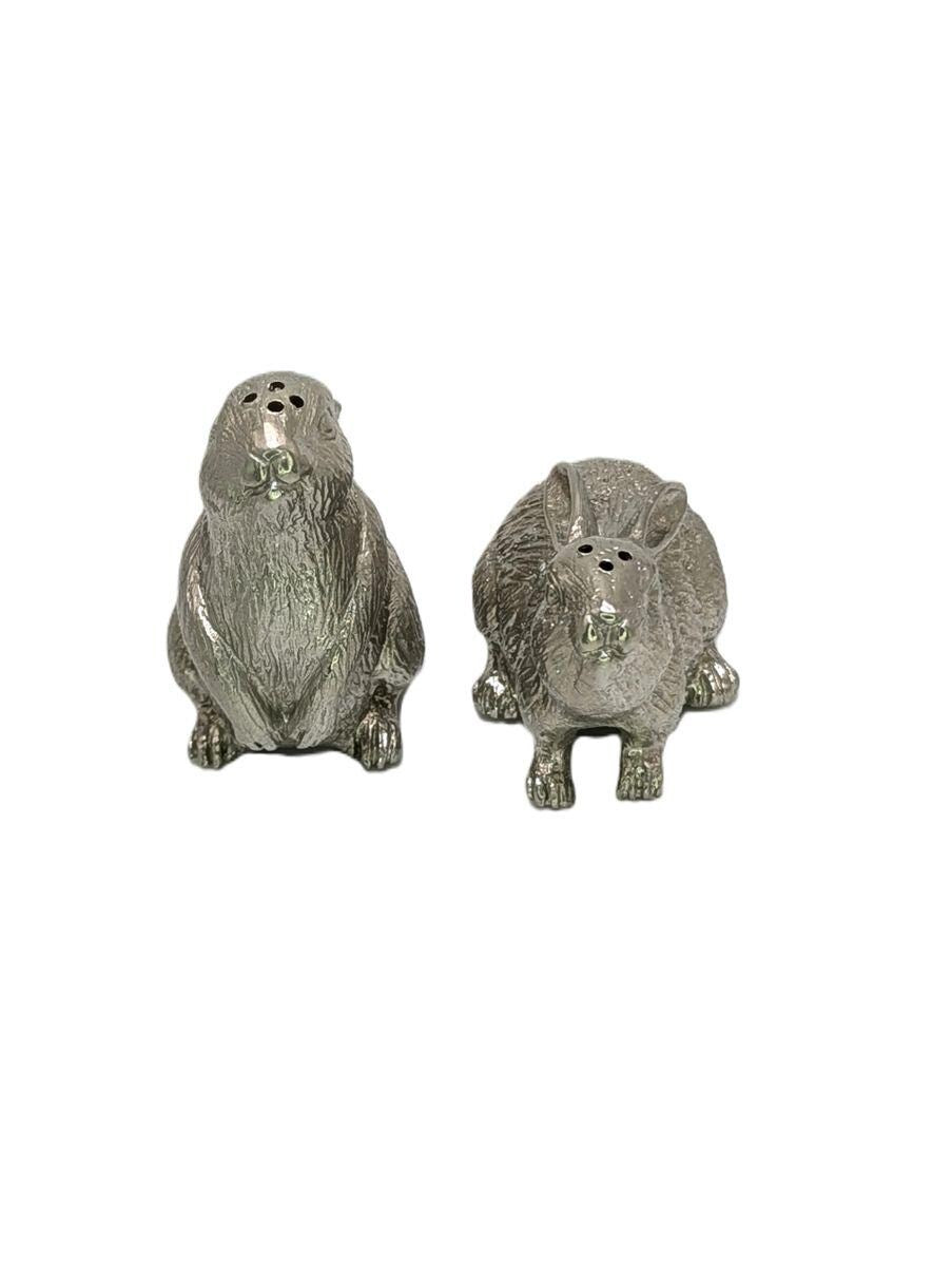 Mr. and Mrs. Bunny Minimalist Pewter Salt & Pepper Shakers Set Collectible