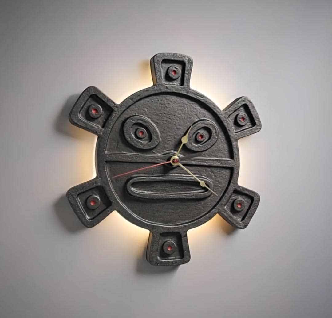 Taíno Sun Symbol Wall Clock: Rustic Stone-Look Decor, Silent Seiko Movement