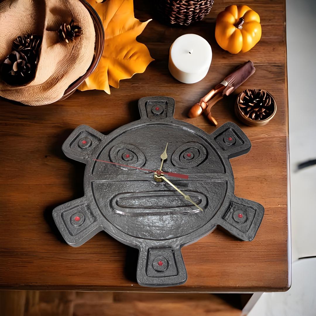 Taíno Sun Symbol Wall Clock: Rustic Stone-Look Decor, Silent Seiko Movement