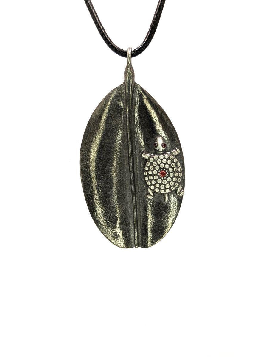 Turtle on Mangrove Leaf Pewter Pendant