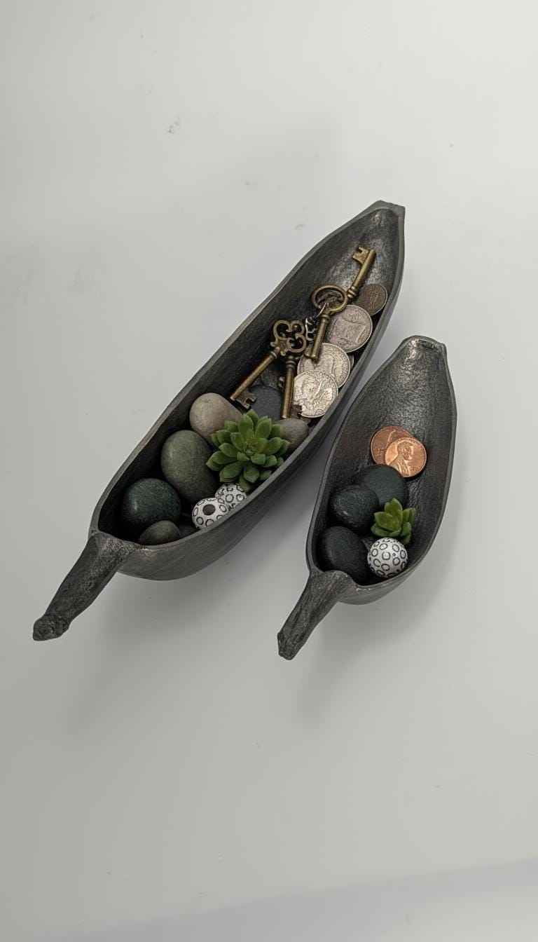 Botanical Pewter Trinket Set Handcrafted Banana Catch all Bowls Unique Tropical Centerpiece
