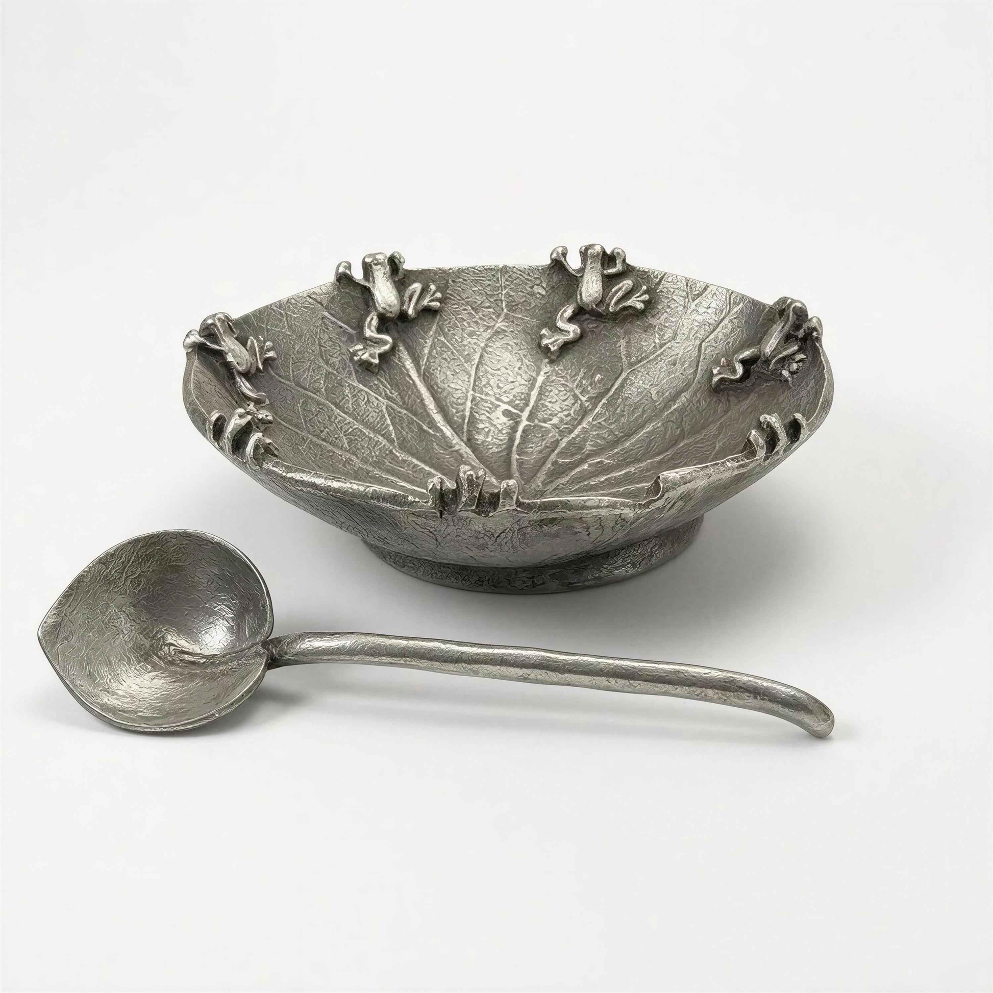 Pewter Water Lily Salt Dish with Matching Spoon Botanical Table Decor