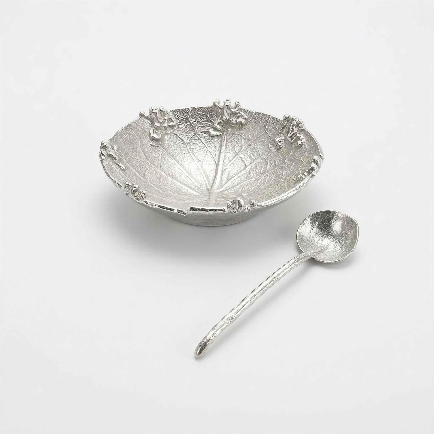 Pewter Water Lily Salt Dish with Matching Spoon Botanical Table Decor