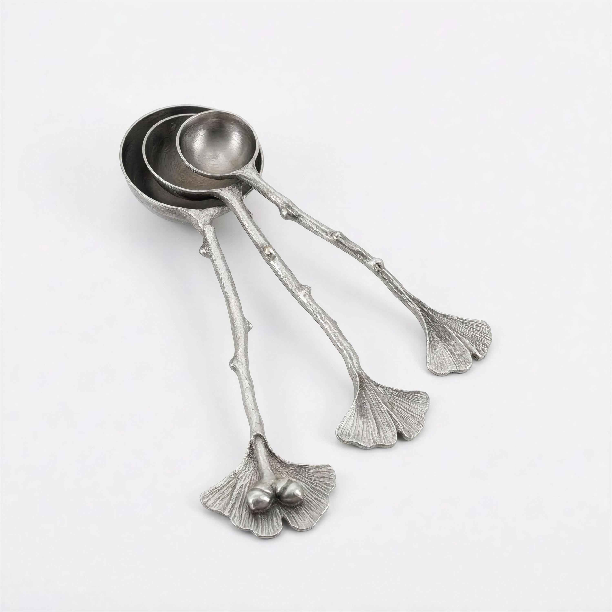 Handcrafted Pewter Ginkgo Measuring Spoons 3 Pieces Set Inspired by Nature
