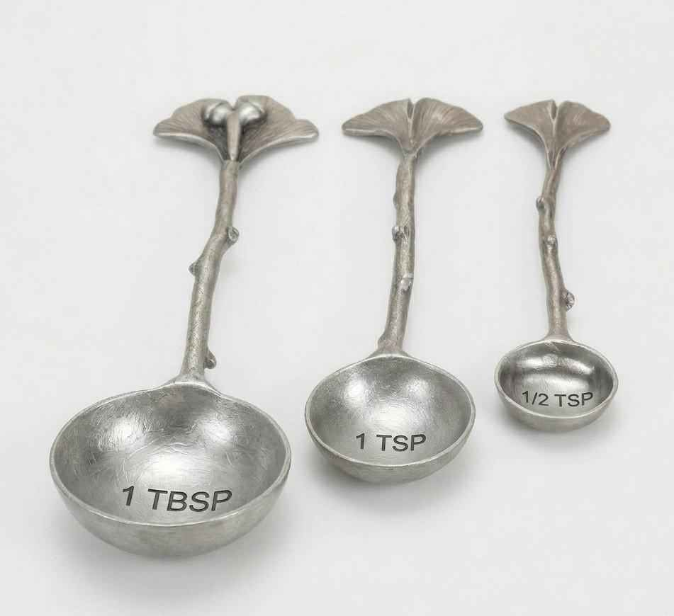 Handcrafted Pewter Ginkgo Measuring Spoons 3 Pieces Set Inspired by Nature