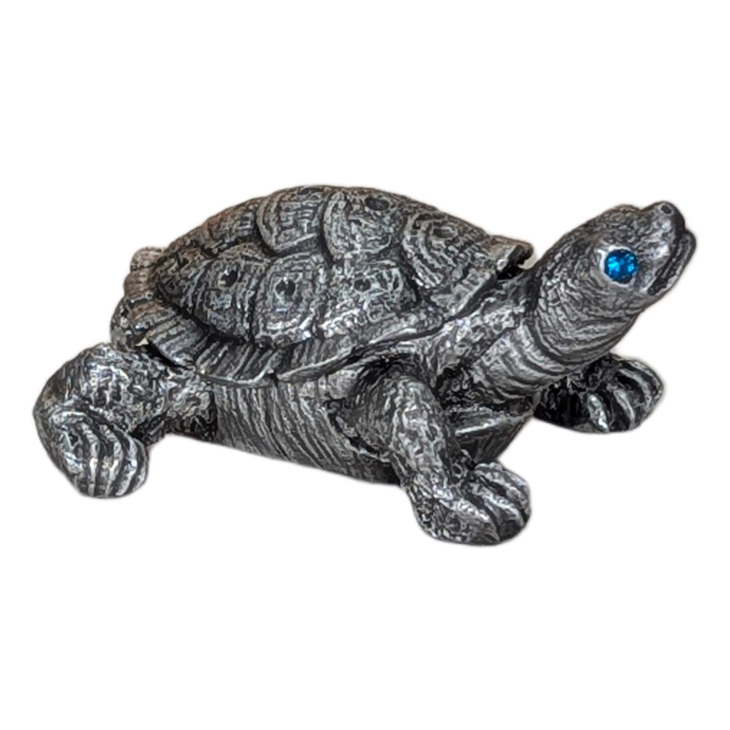 Pewter Turtle Trinket Box with Blue Topaz Eyes – Ring Holder Storage