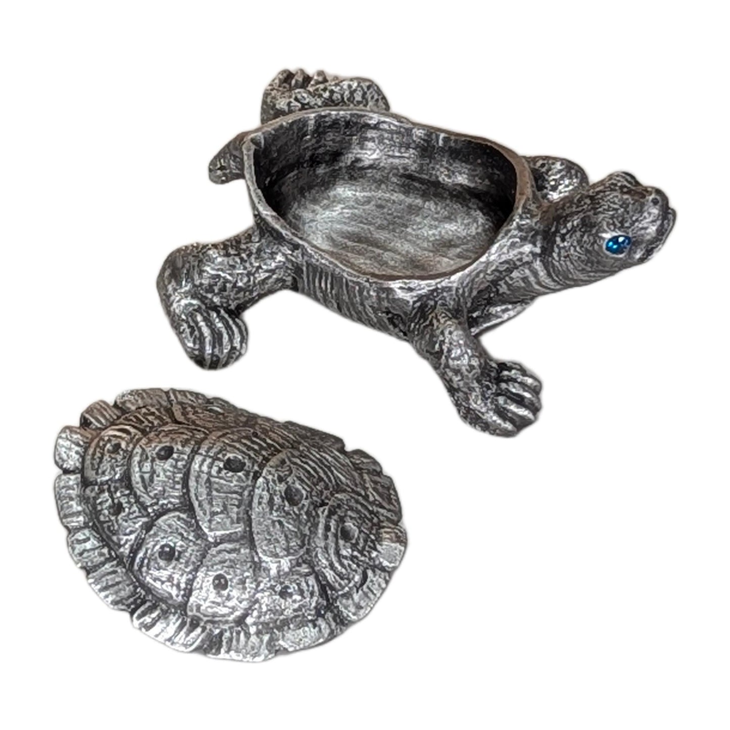 Pewter Turtle Trinket Box with Blue Topaz Eyes – Ring Holder Storage