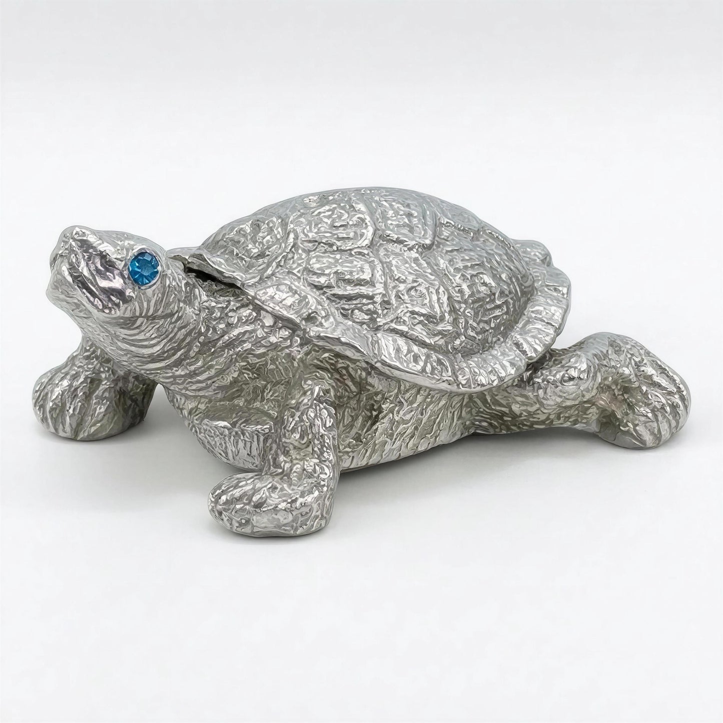 Pewter Turtle Trinket Box with Blue Topaz Eyes – Ring Holder Storage