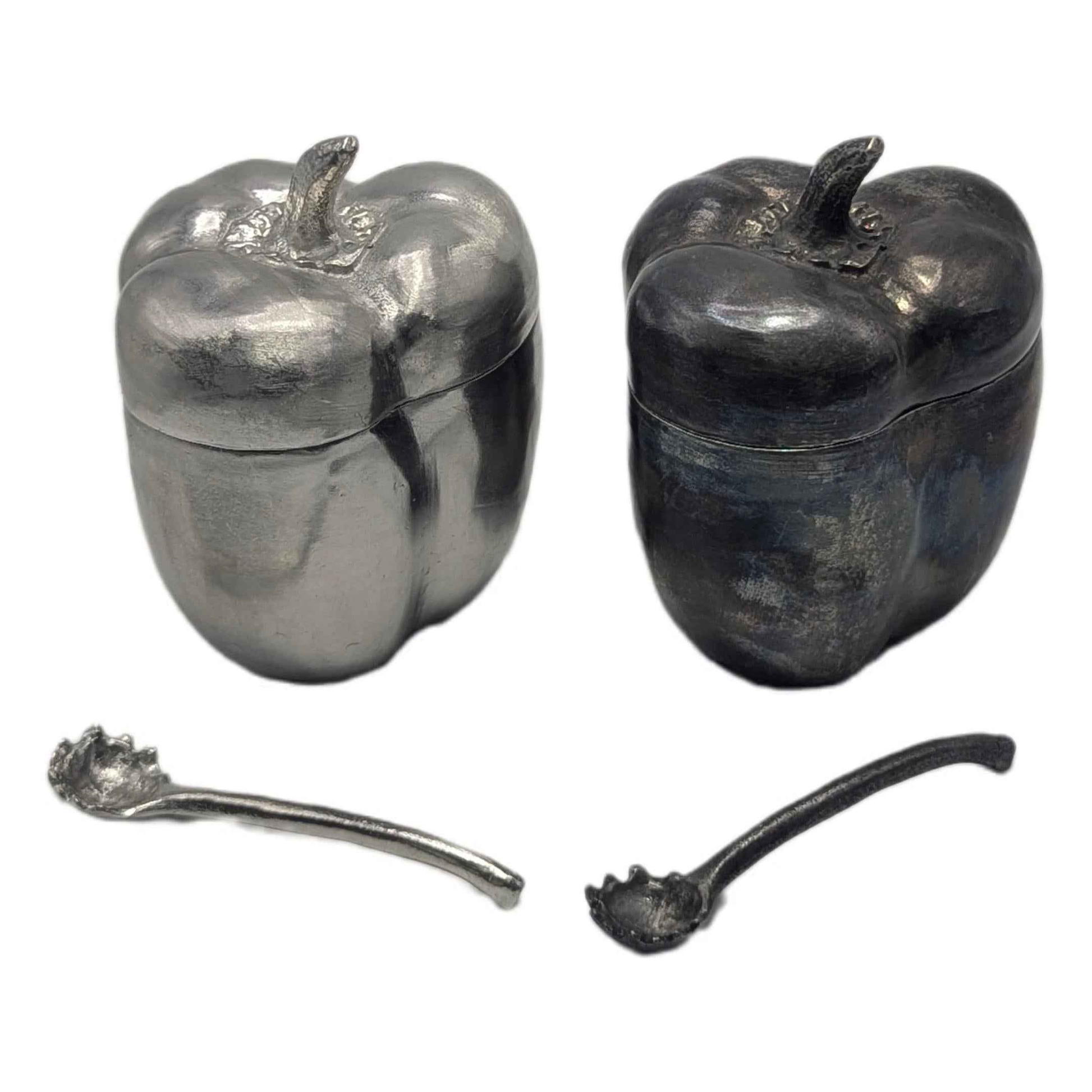 Handcrafted Pewter Salt Cellar Bell Pepper Spice Bowl with Spoon