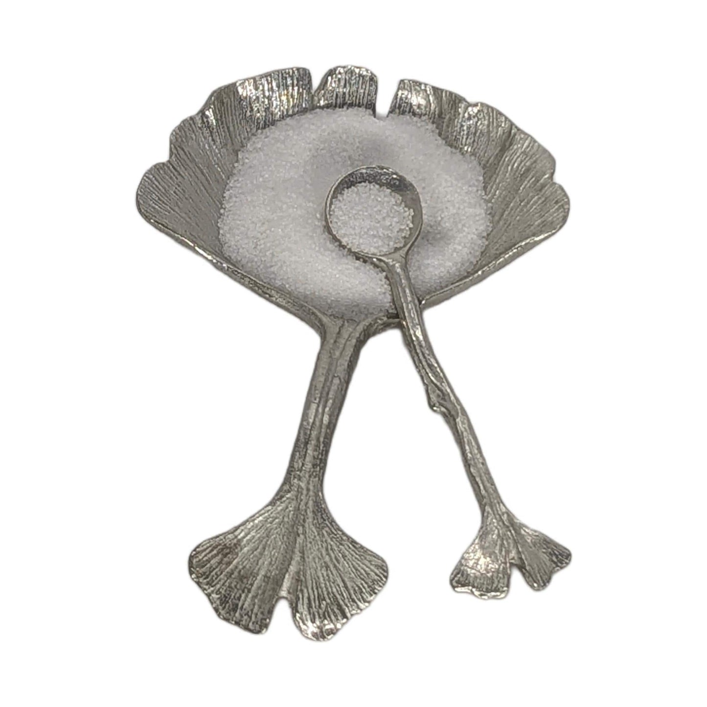 Pewter Ginkgo Salt Cellar Set Botanical Spice Dish with Small Spoon Nature Lover Gift