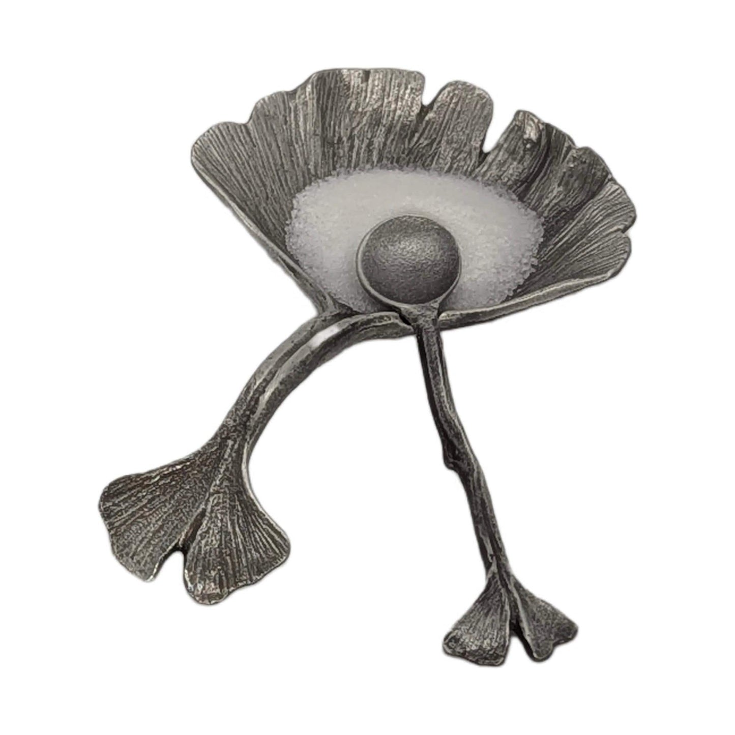 Pewter Ginkgo Salt Cellar Set Botanical Spice Dish with Small Spoon Nature Lover Gift