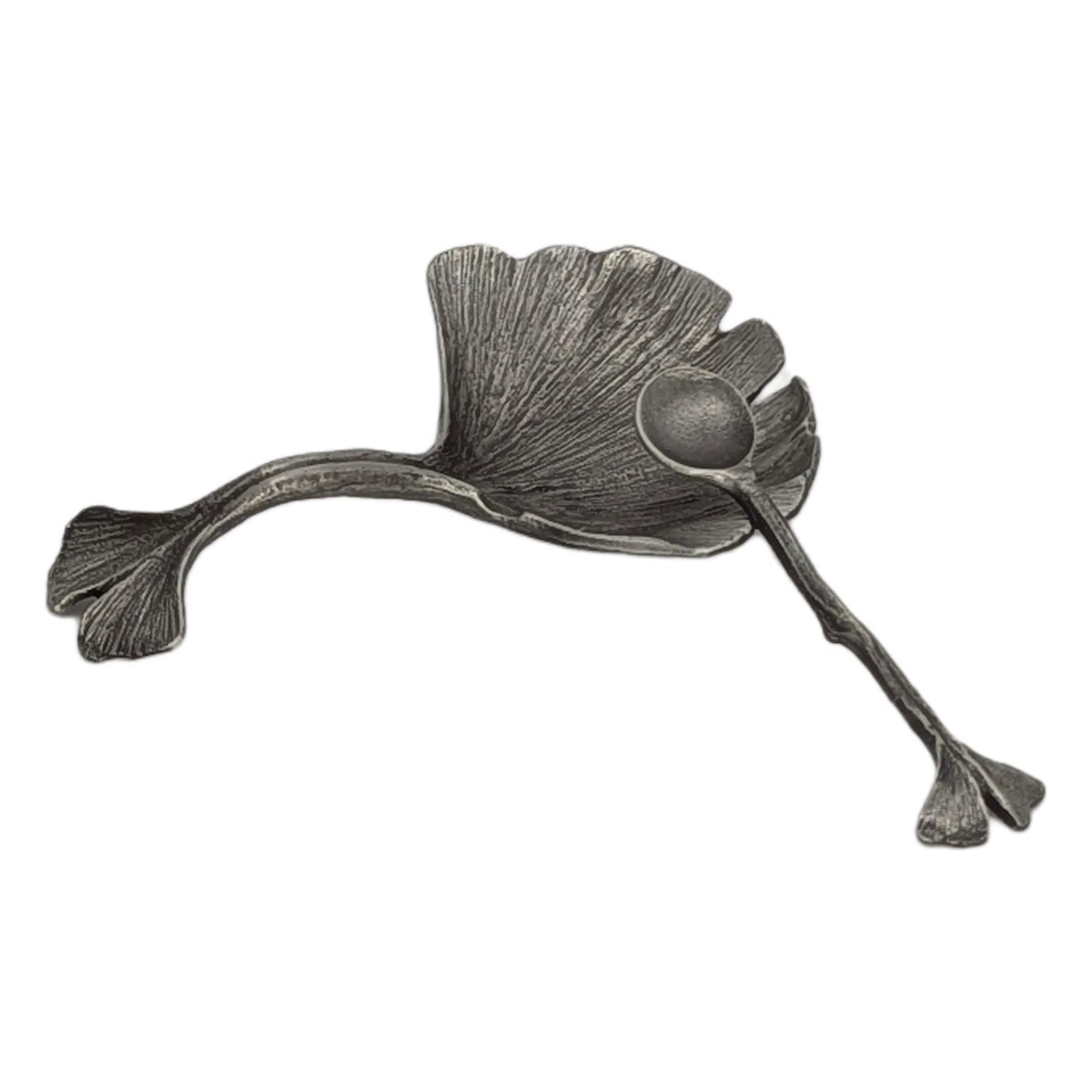 Pewter Ginkgo Salt Cellar Set Botanical Spice Dish with Small Spoon Nature Lover Gift