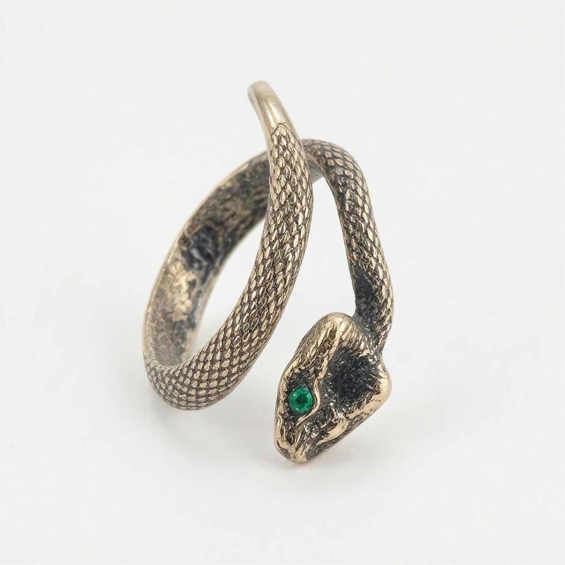 Emerald Eye Snake Adjustable Ring Artisan Bronze Statement Jewelry