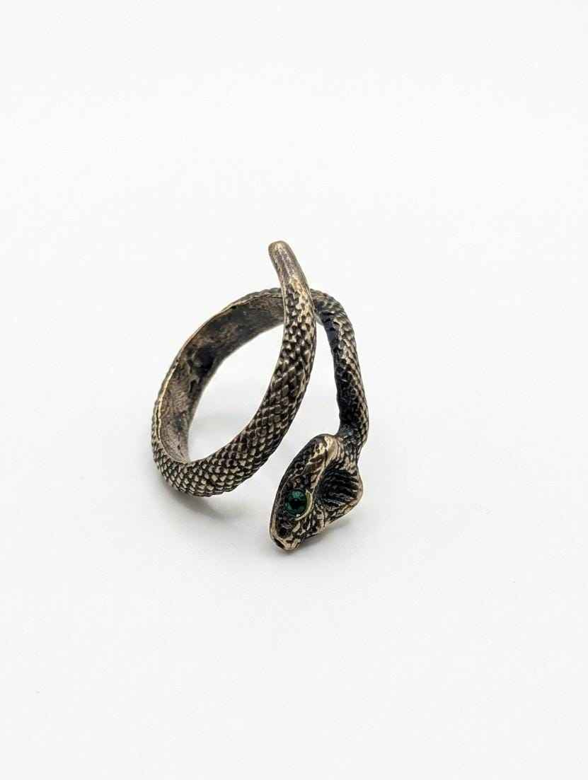 Emerald Eye Snake Adjustable Ring Artisan Bronze Statement Jewelry