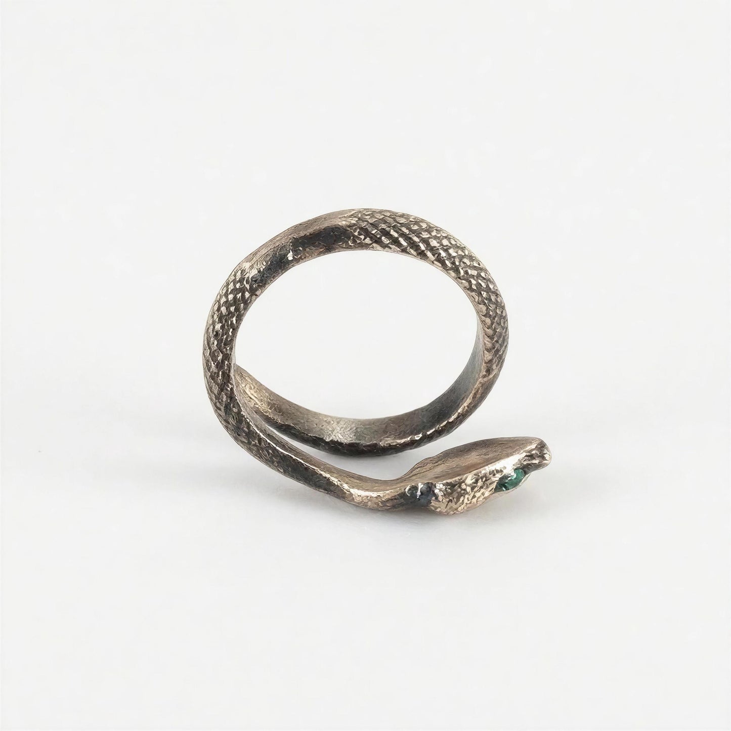 Emerald Eye Snake Adjustable Ring Artisan Bronze Statement Jewelry