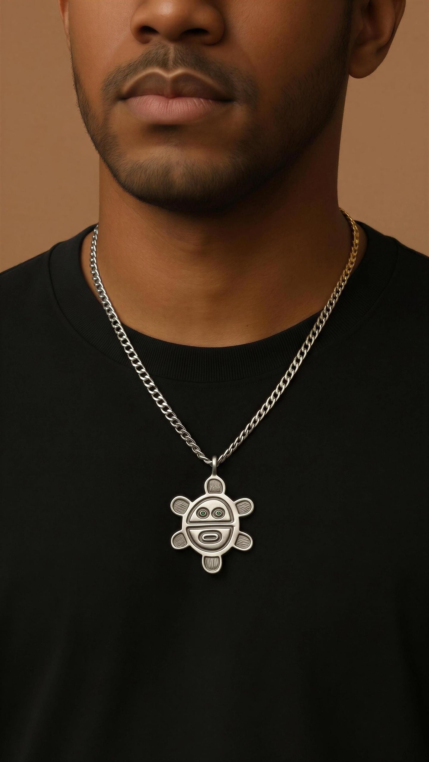Artisan Sun Symbol Petroglyph Pendant on 3.5 mm Cuban Links chain