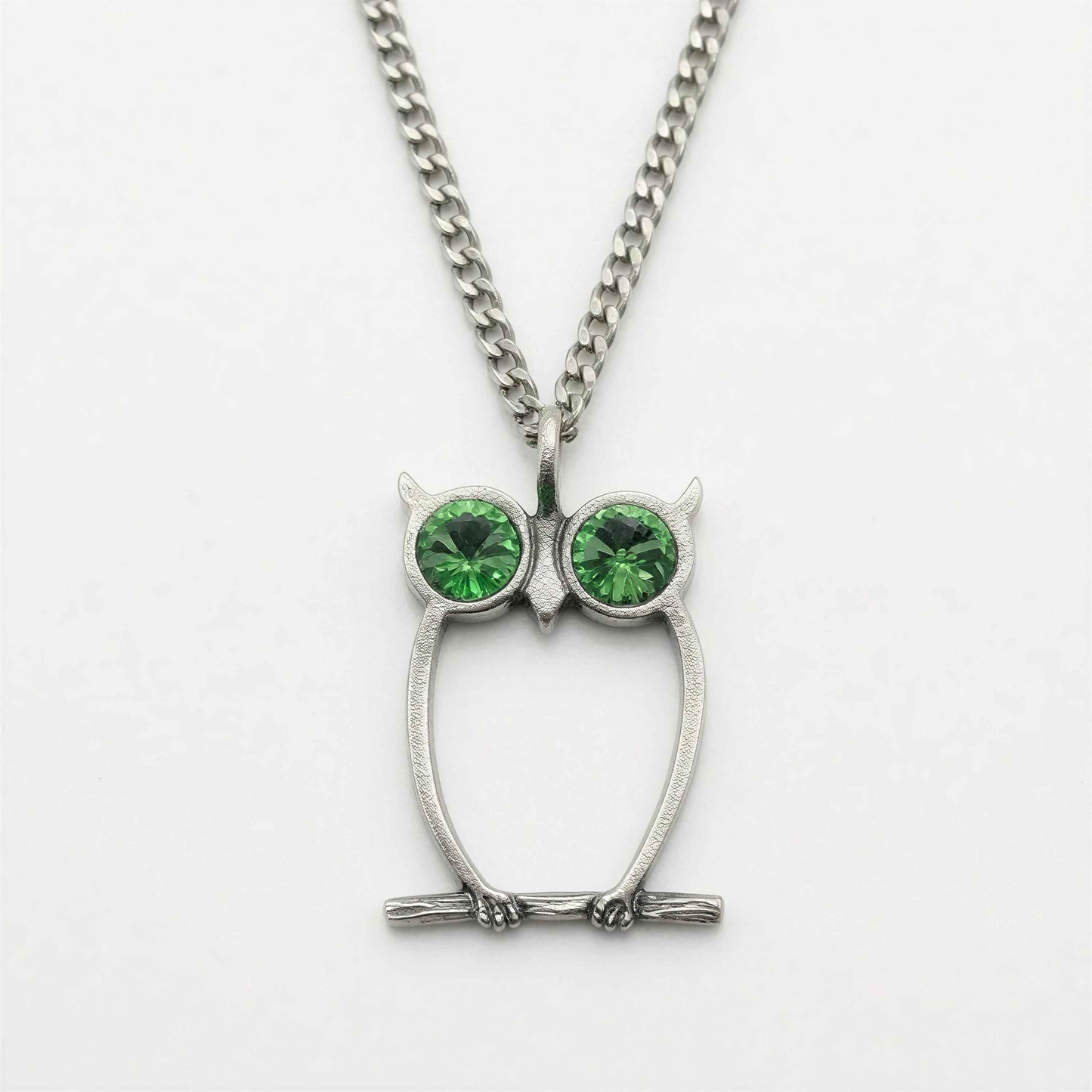 Green-Eyed Owl Artisan Necklace Pendant on 3.5 mm Cuban Links Chain