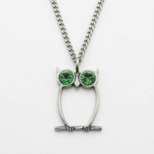 Green-Eyed Owl Artisan Necklace Pendant on 3.5 mm Cuban Links Chain