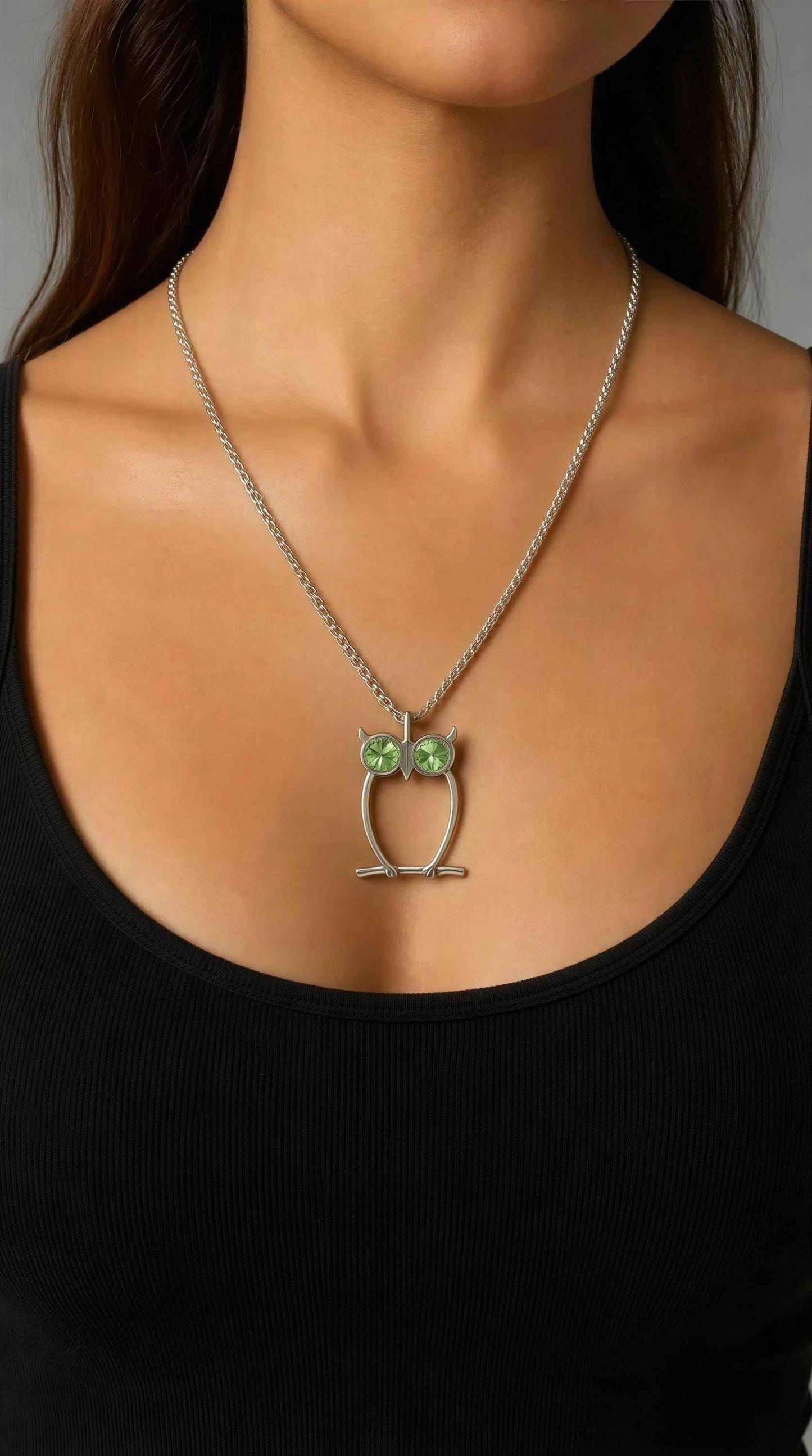 Green-Eyed Owl Artisan Necklace Pendant on 3.5 mm Cuban Links Chain