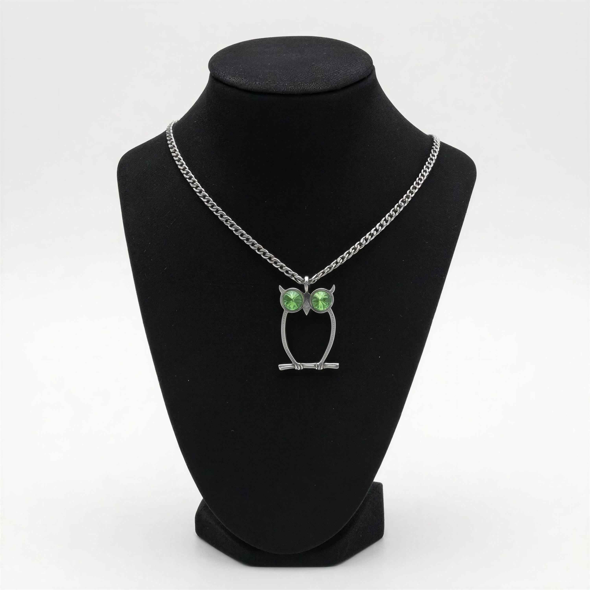 Green-Eyed Owl Artisan Necklace Pendant on 3.5 mm Cuban Links Chain
