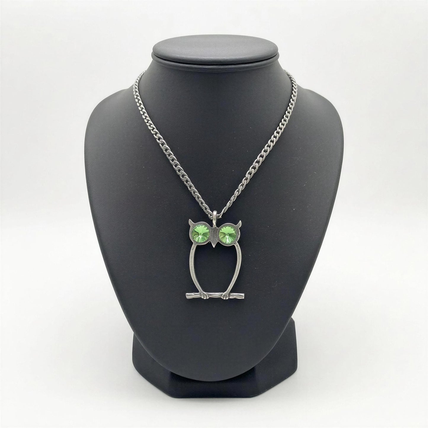 Green-Eyed Owl Artisan Necklace Pendant on 3.5 mm Cuban Links Chain