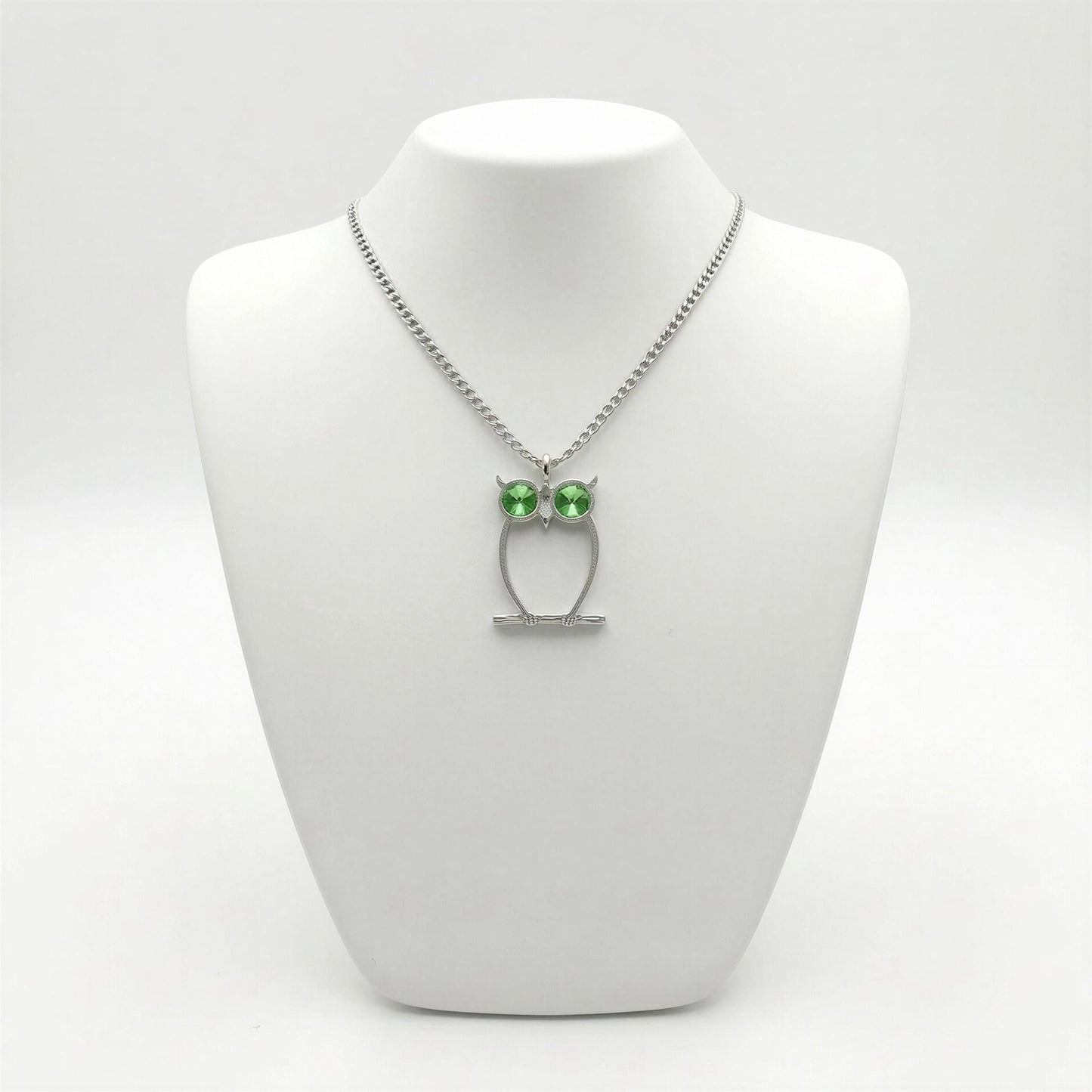 Green-Eyed Owl Artisan Necklace Pendant on 3.5 mm Cuban Links Chain