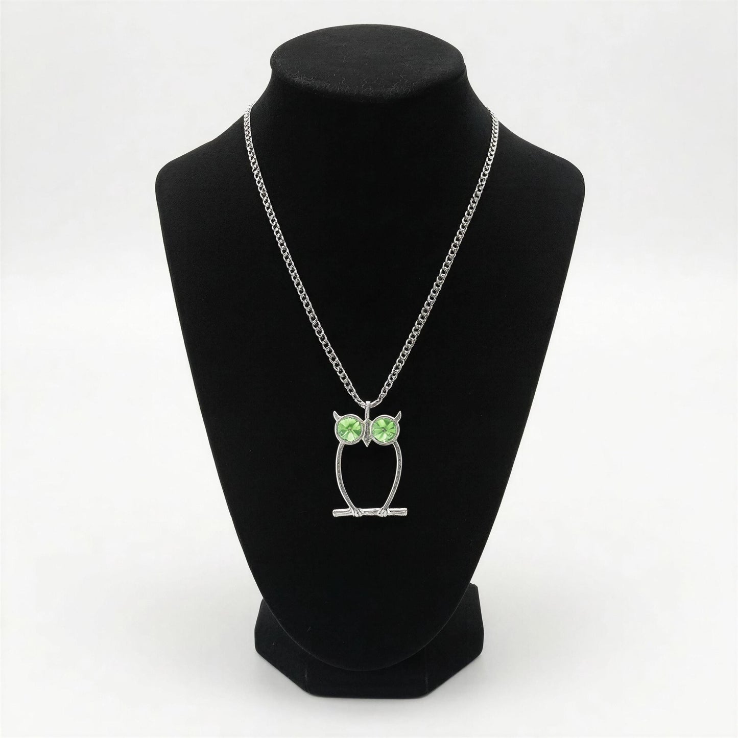 Green-Eyed Owl Artisan Necklace Pendant on 3.5 mm Cuban Links Chain
