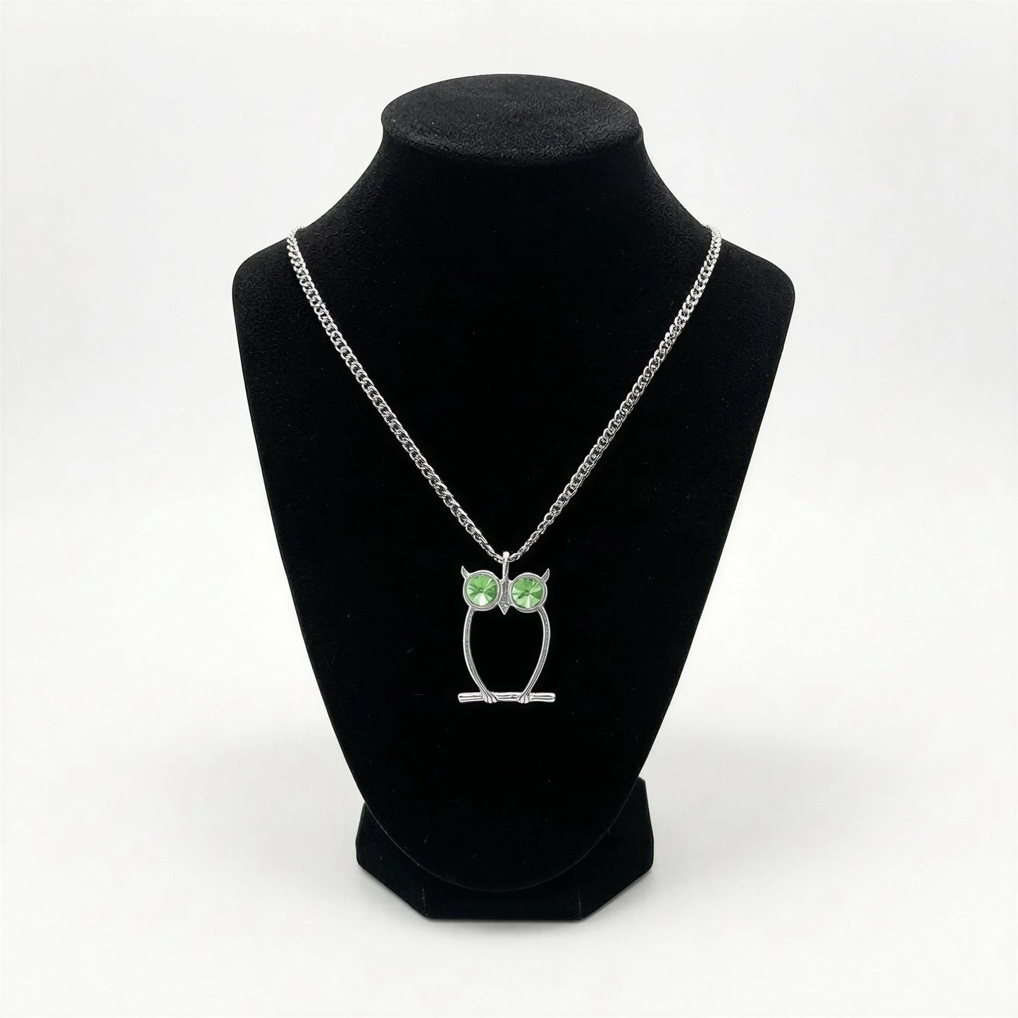 Green-Eyed Owl Artisan Necklace Pendant on 3.5 mm Cuban Links Chain