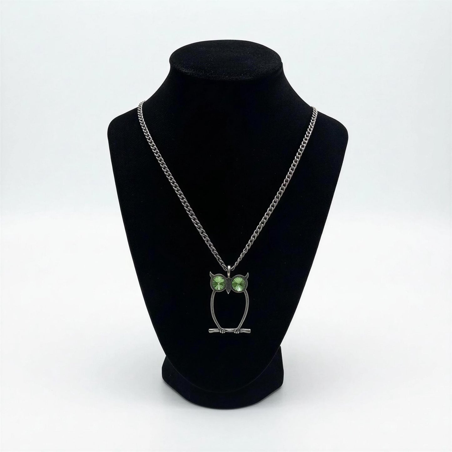 Green-Eyed Owl Artisan Necklace Pendant on 3.5 mm Cuban Links Chain
