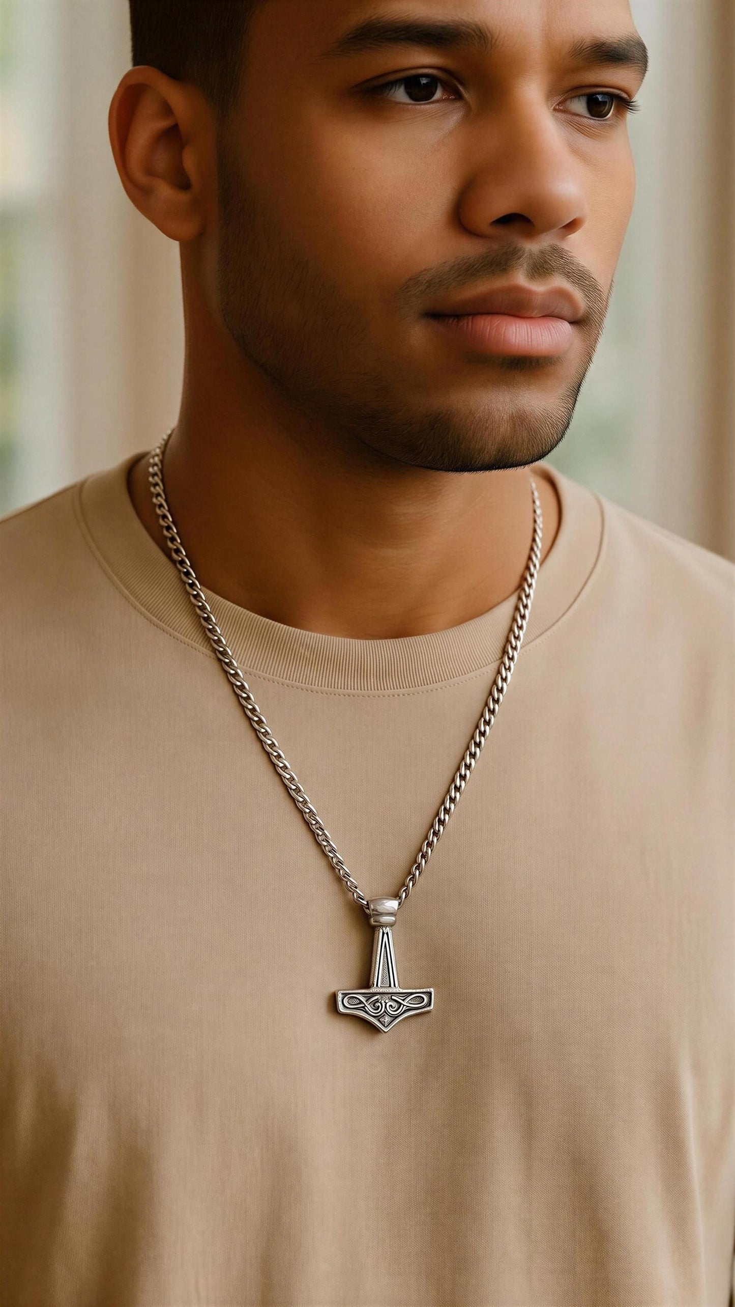 Viking Thor Hammer Hand-Cast Pendant on 3.5 mm Cuban Links Chain