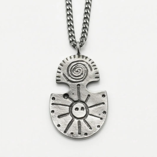 Pewter Taino Petroglyph Pendant – Sun Water Symbol, Cuban Link Chain