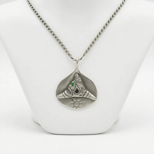Pewter Taino Trigonolito Pendant – Caribbean Heritage Jewelry, Emerald CZ Accent