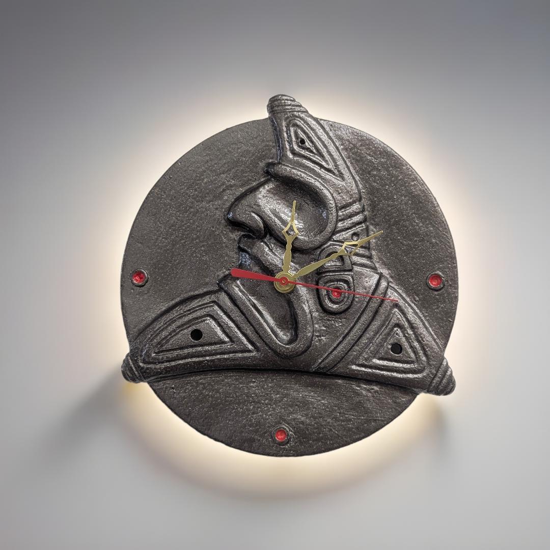 Taino trigonolito wall clock: resin rustic decor, silent seiko movement