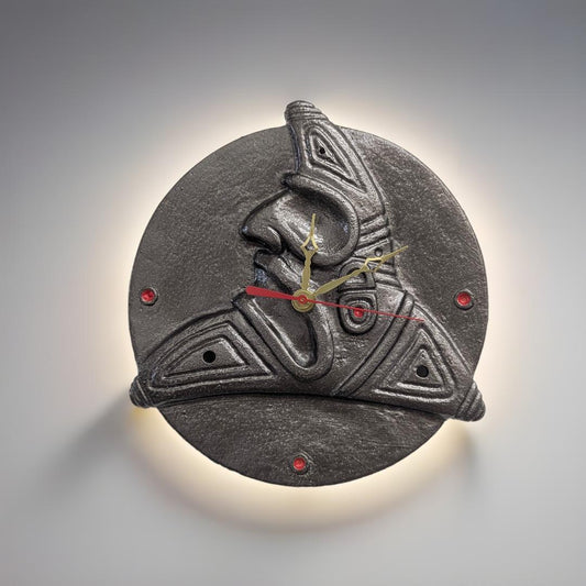 Taino trigonolito wall clock: resin rustic decor, silent seiko movement