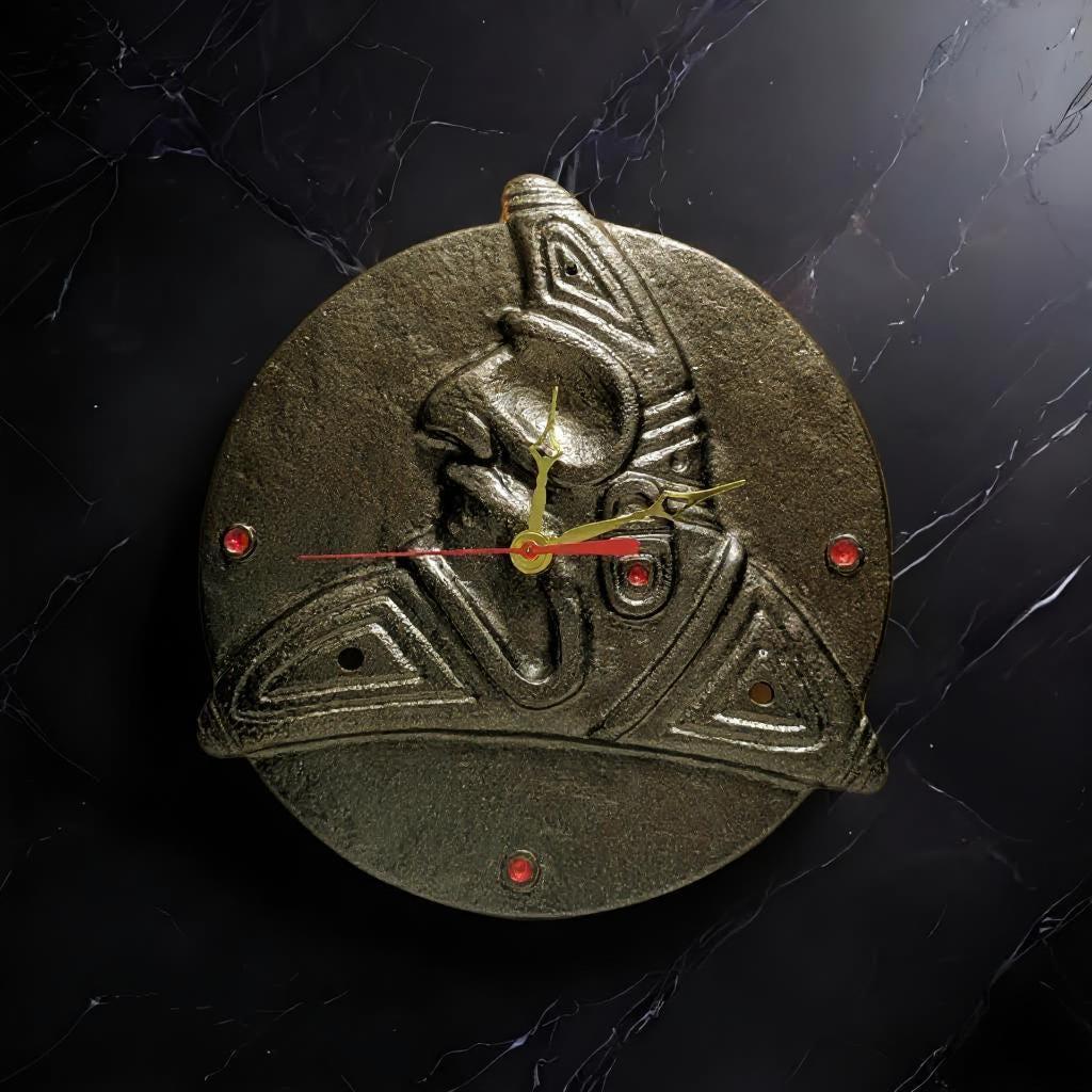 Taino trigonolito wall clock: resin rustic decor, silent seiko movement