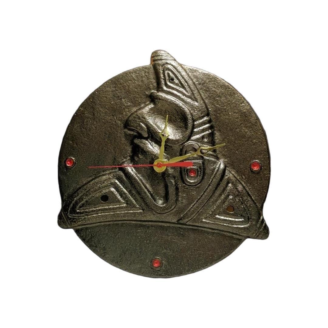 Taino trigonolito wall clock: resin rustic decor, silent seiko movement