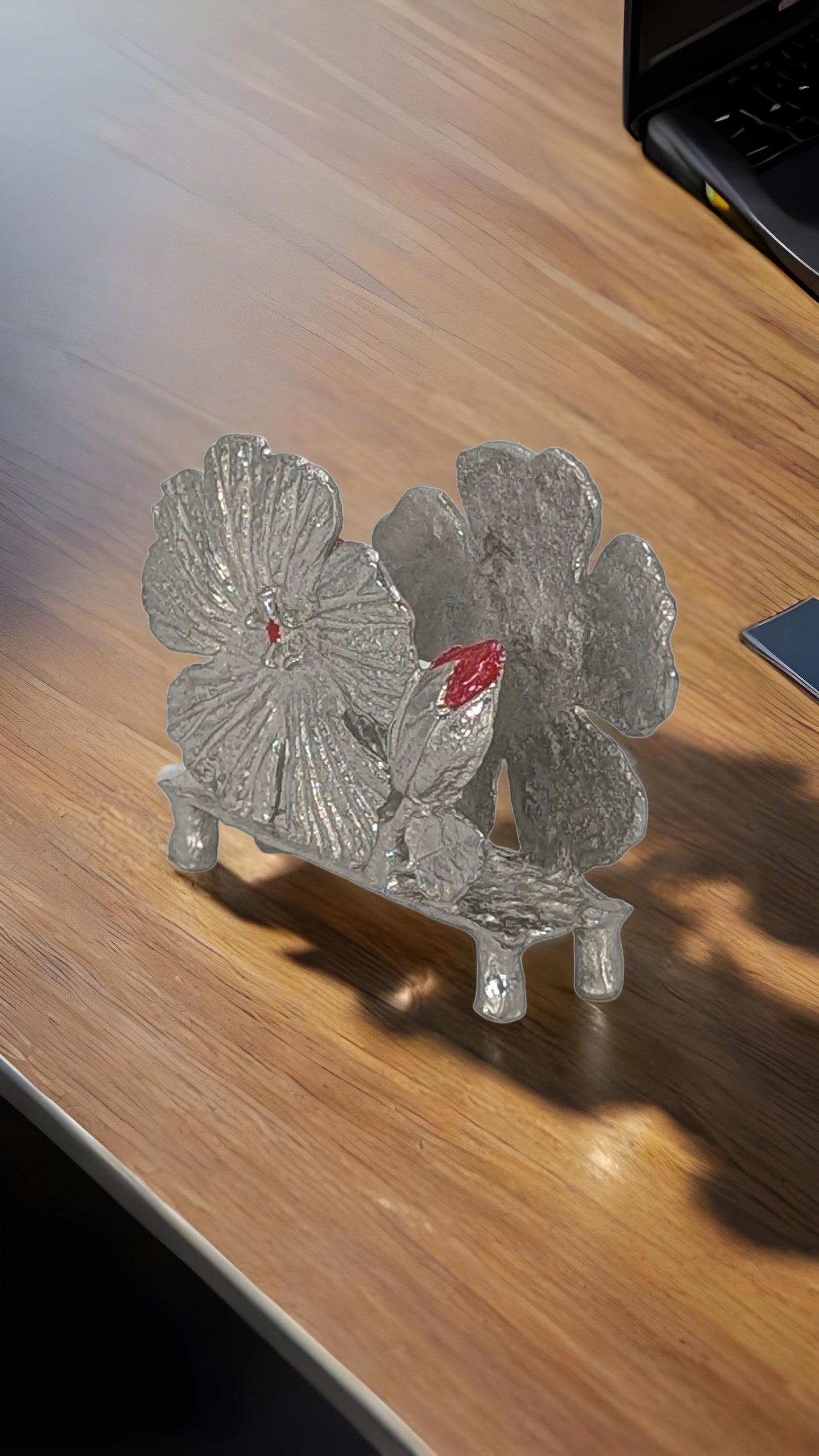 Handmade Hibiscus Pewter Business Card Holder, Office Decor, Inspired by Nature