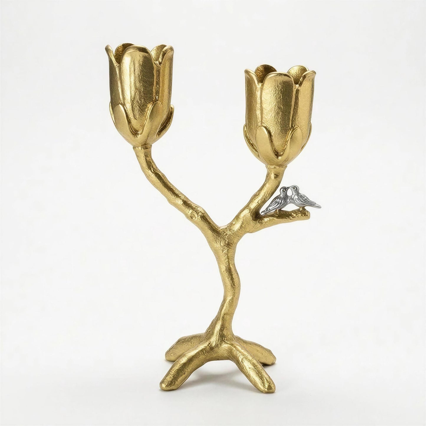 Handcrafted pewter tree of light candle holder, flowers love birds candelabra,