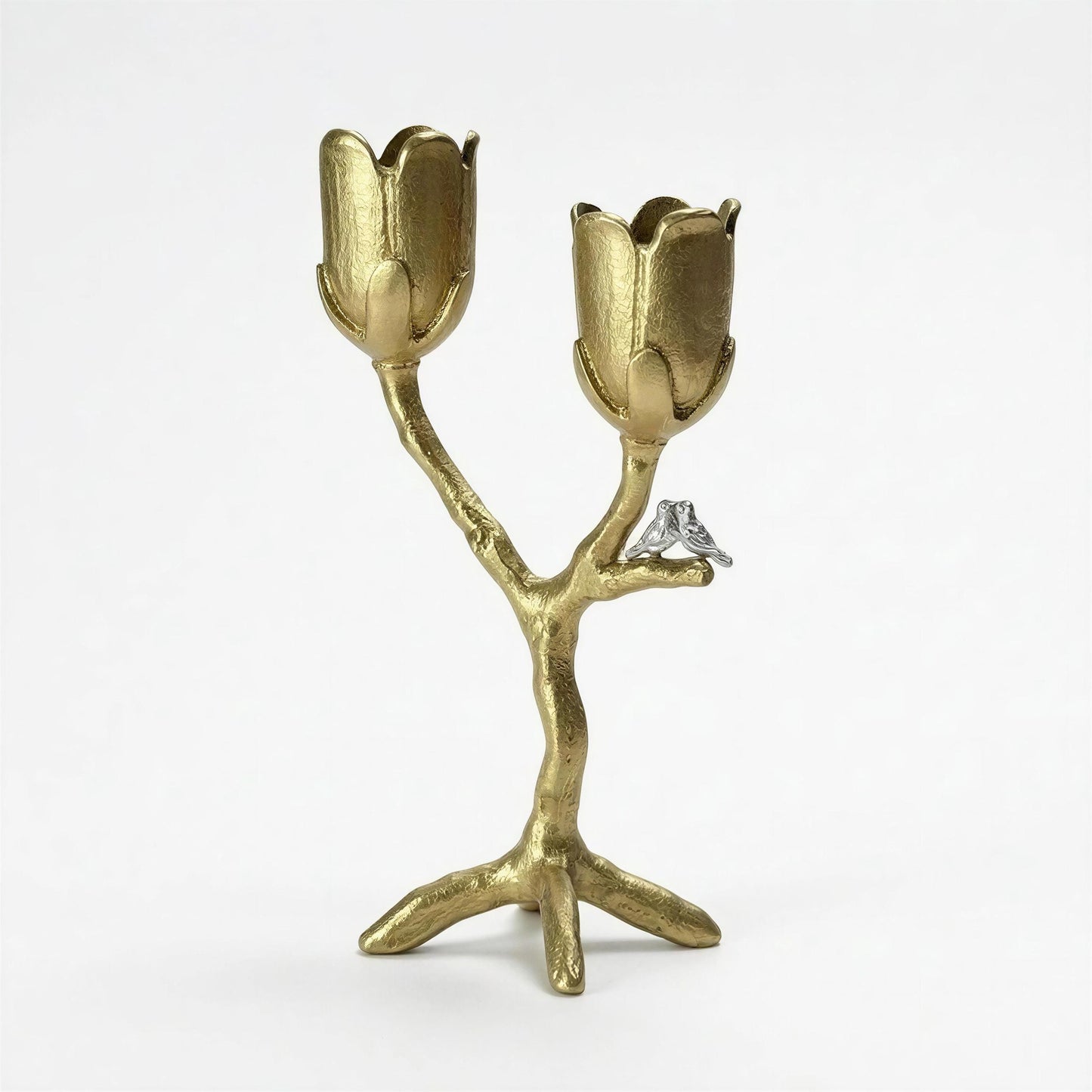 Handcrafted pewter tree of light candle holder, flowers love birds candelabra,