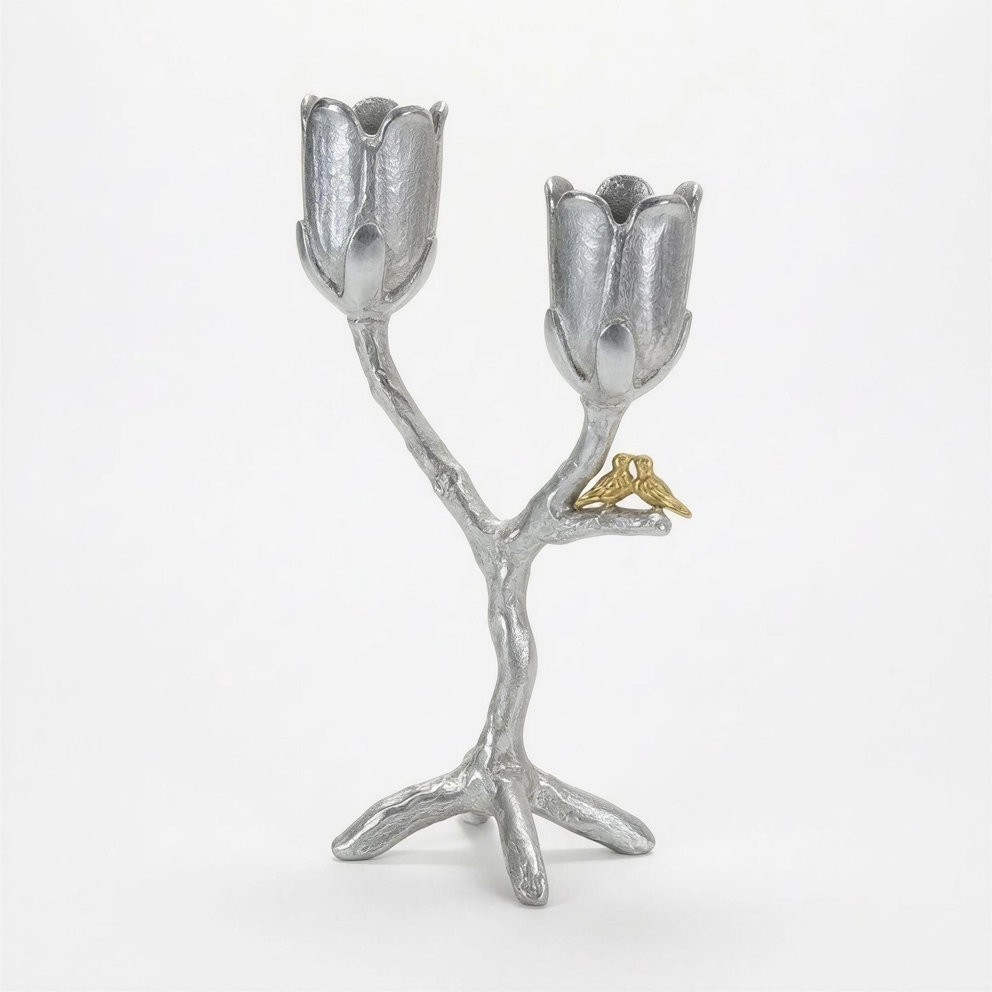 Handcrafted pewter tree of light candle holder, flowers love birds candelabra,